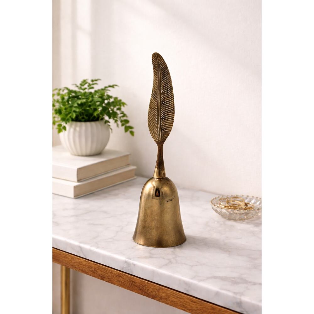 Large Vintage Brass Bell with Leaf Handle, Hollywood Regency Decor